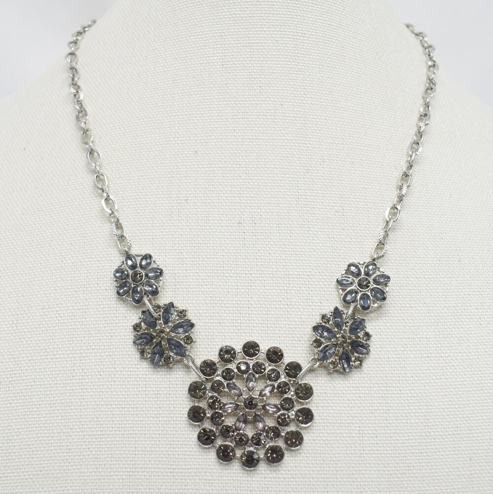 Floral Rhinestone Statement Necklace Silver Gray Bib Chain Costume Jewelry Boho